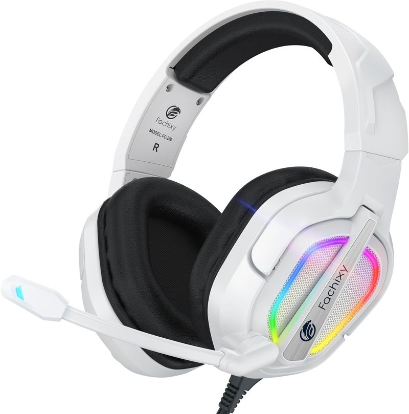 Fachixy سماعة ألعاب FC200 مع ميكروفون لجهاز PS4 و PS5 و Switch و Xbox و Mac و PC سماعات ألعاب مع ميكروفون، سماعة لاعب مع إضاءة RGB - أبيض-أسود - Image 1